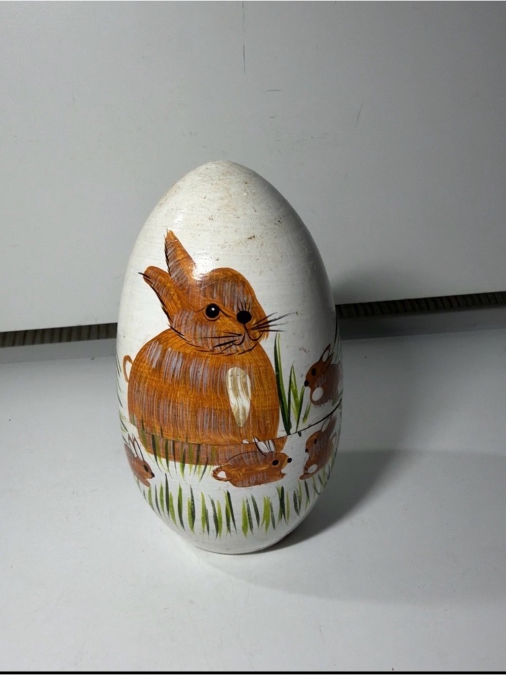 Hand-Painted White Ceramic Easter Egg with Brown Bunny Design